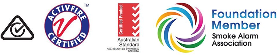Certifications for Clipsal's Fire Tek Smoke and Heat Alarms range, including ActivFire, Australian Standard, and Smoke Alarm Association certifications.