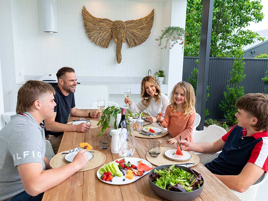 Family enjoying a meal together.