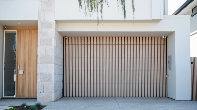  A stylish modern garage door made of wood