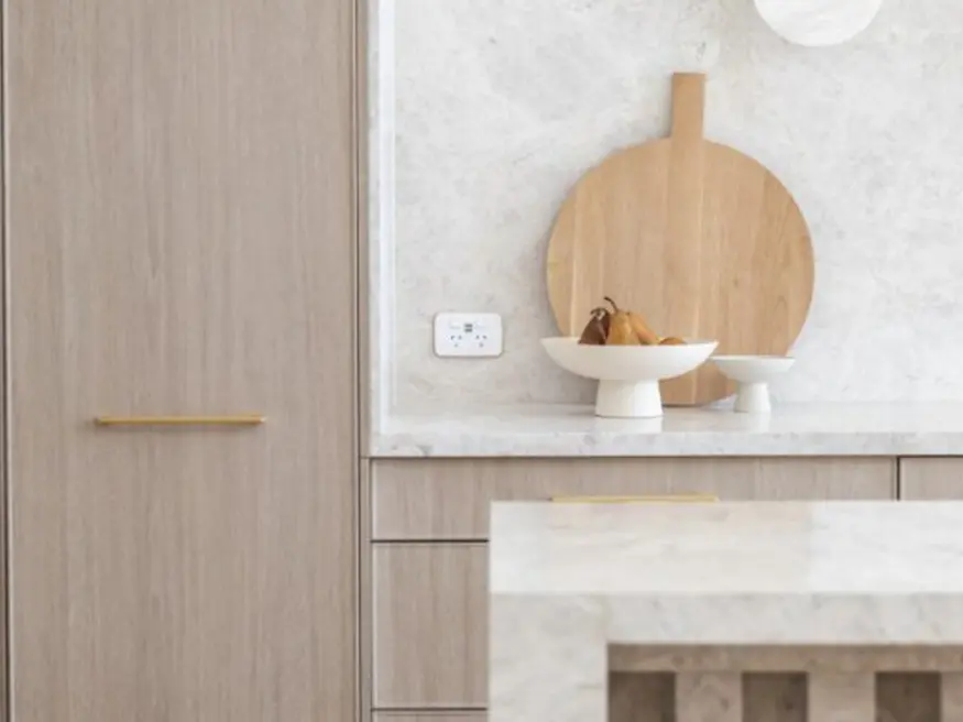 Kitchen countertop with wood cutting board.