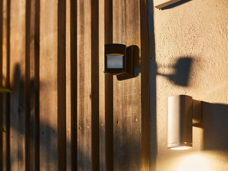 A wall-mounted light illuminates a rustic wooden door